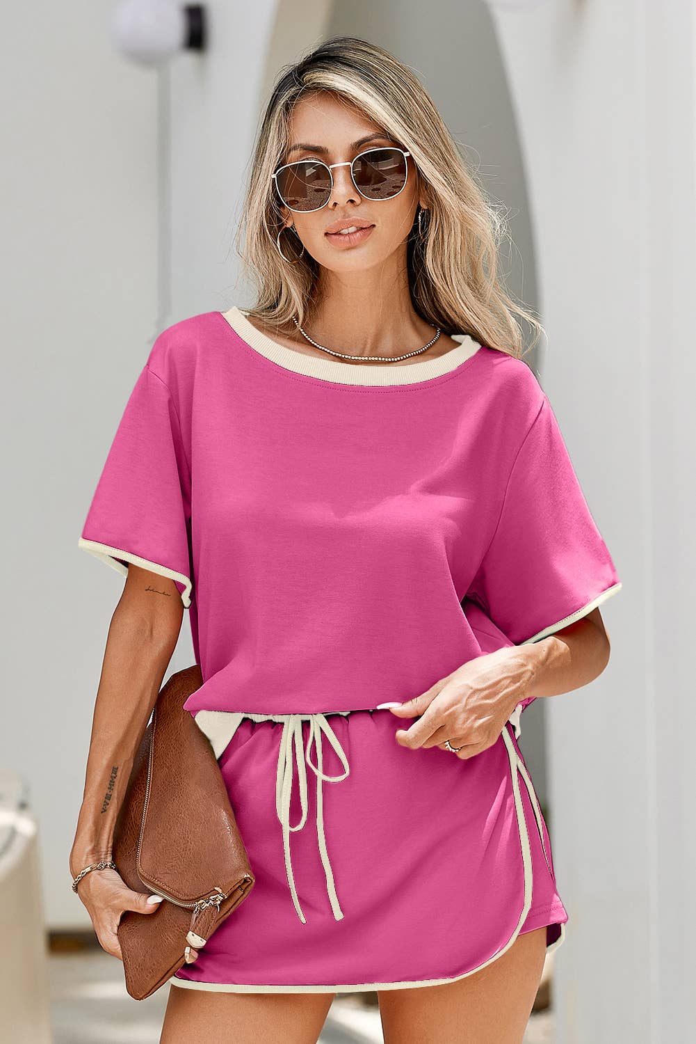 LDC Colorblock Edge Drop Shoulder T Shirt and Skirt 2Pcs Set: Evergreen / M