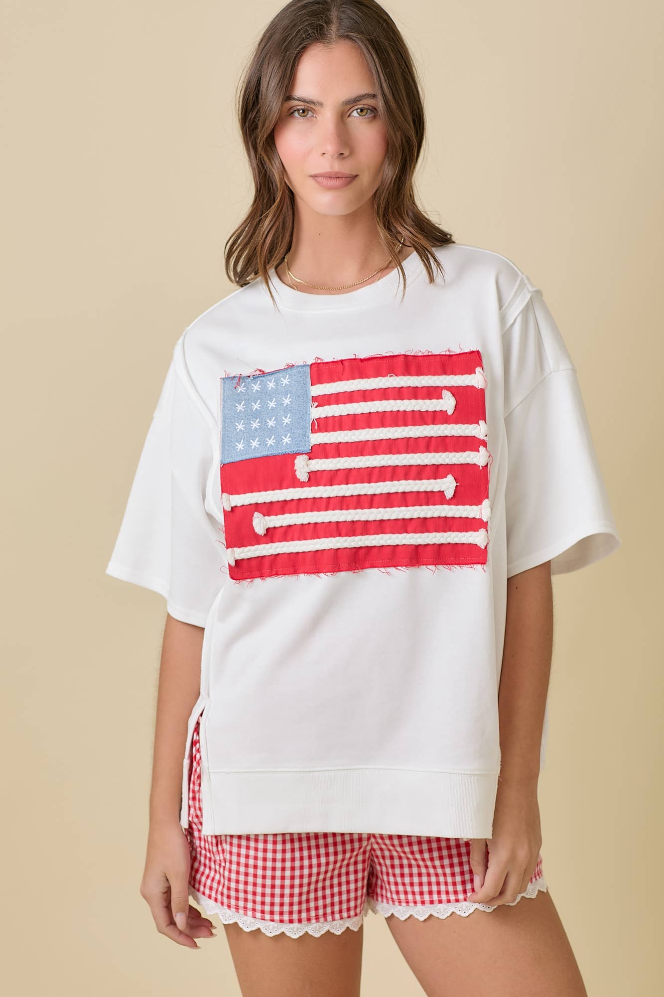 Boxy Wide Short Sleeve Top With American Flag Patchwork: DARK BLUE / S