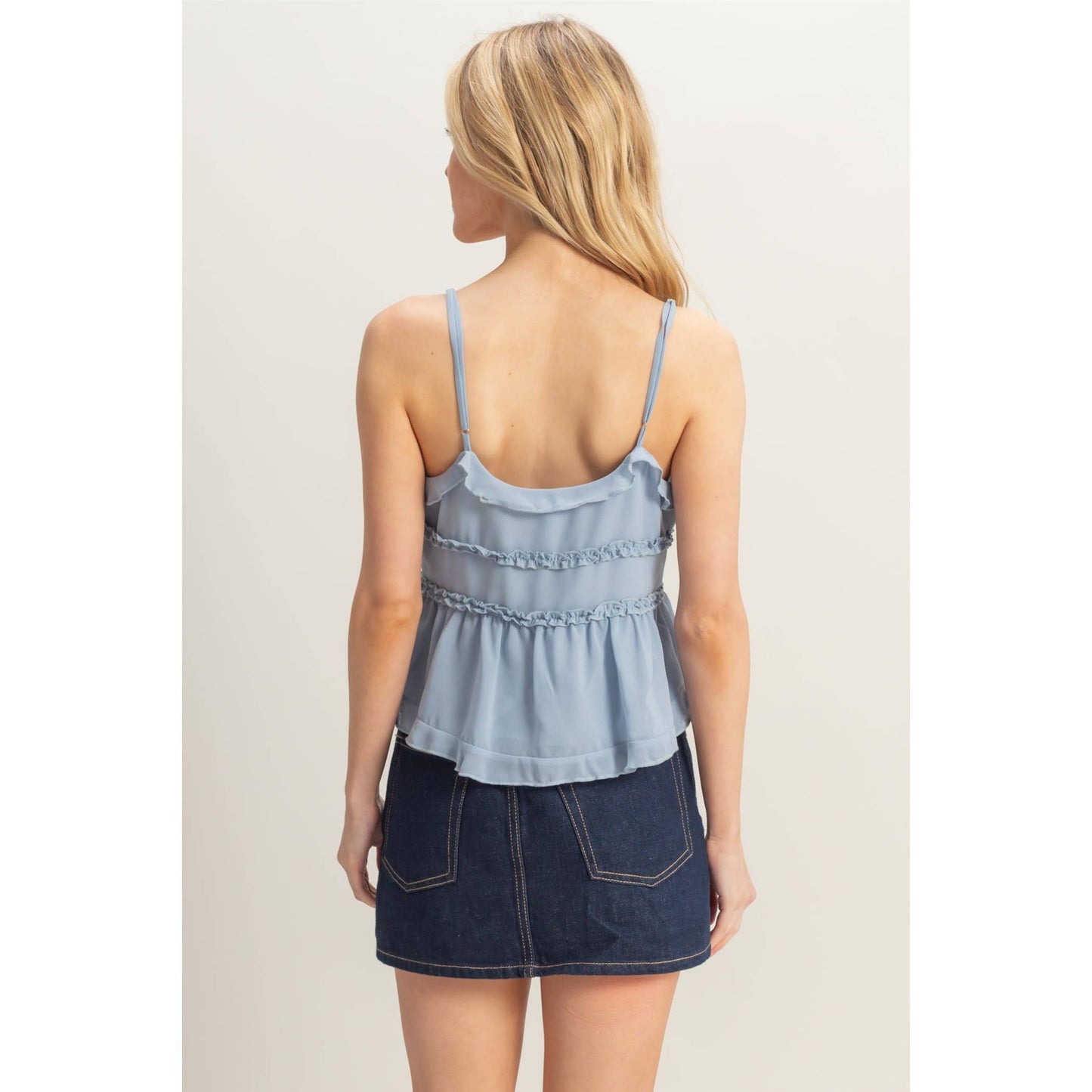 HF25E382-Chiffon Sleeveless Ruffled Cami Top: GREEN / S-M-L(2-2-2)