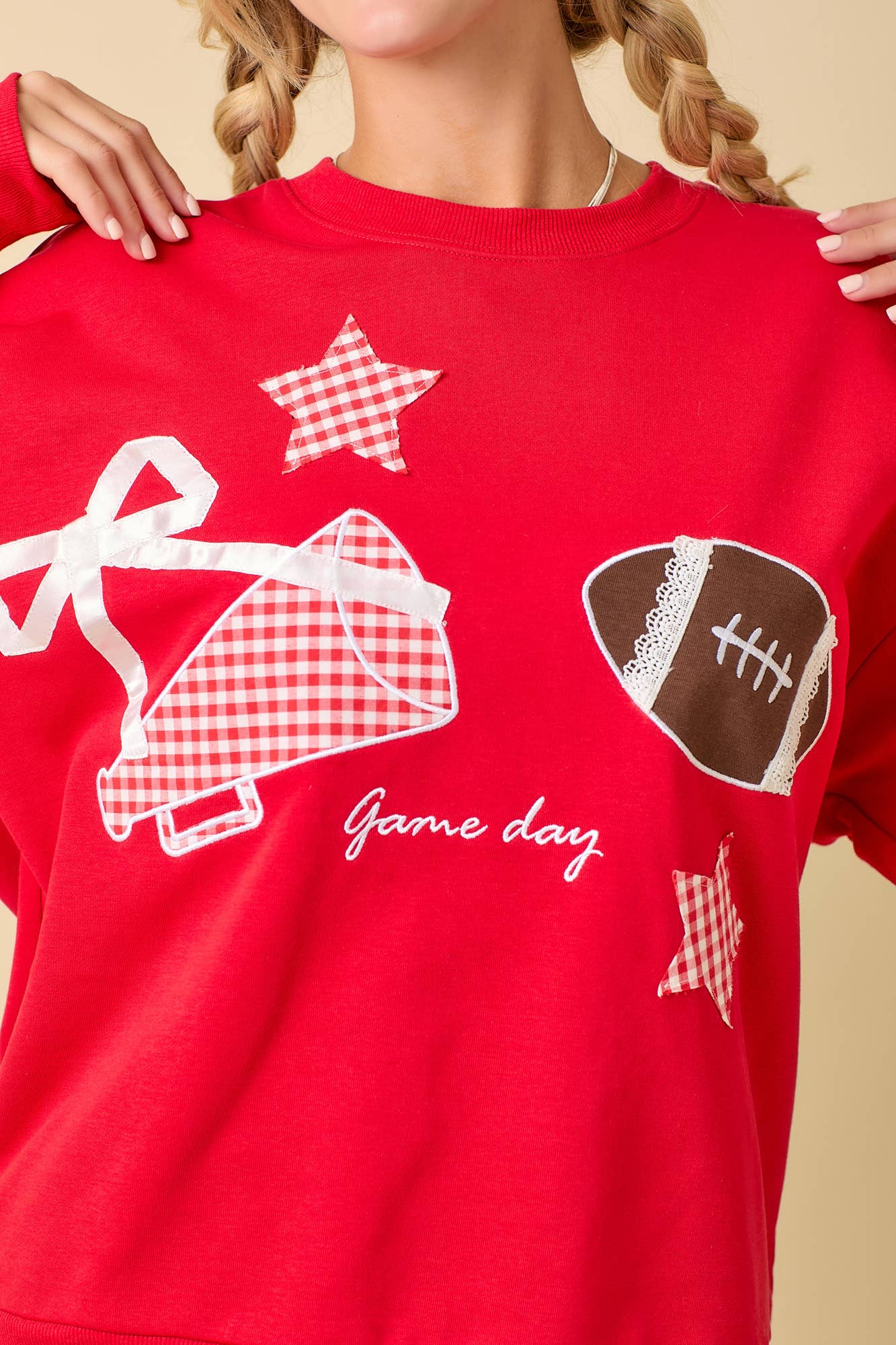 Football Game Day Patchwork Long Sleeve Crewneck Top: BLACK / S