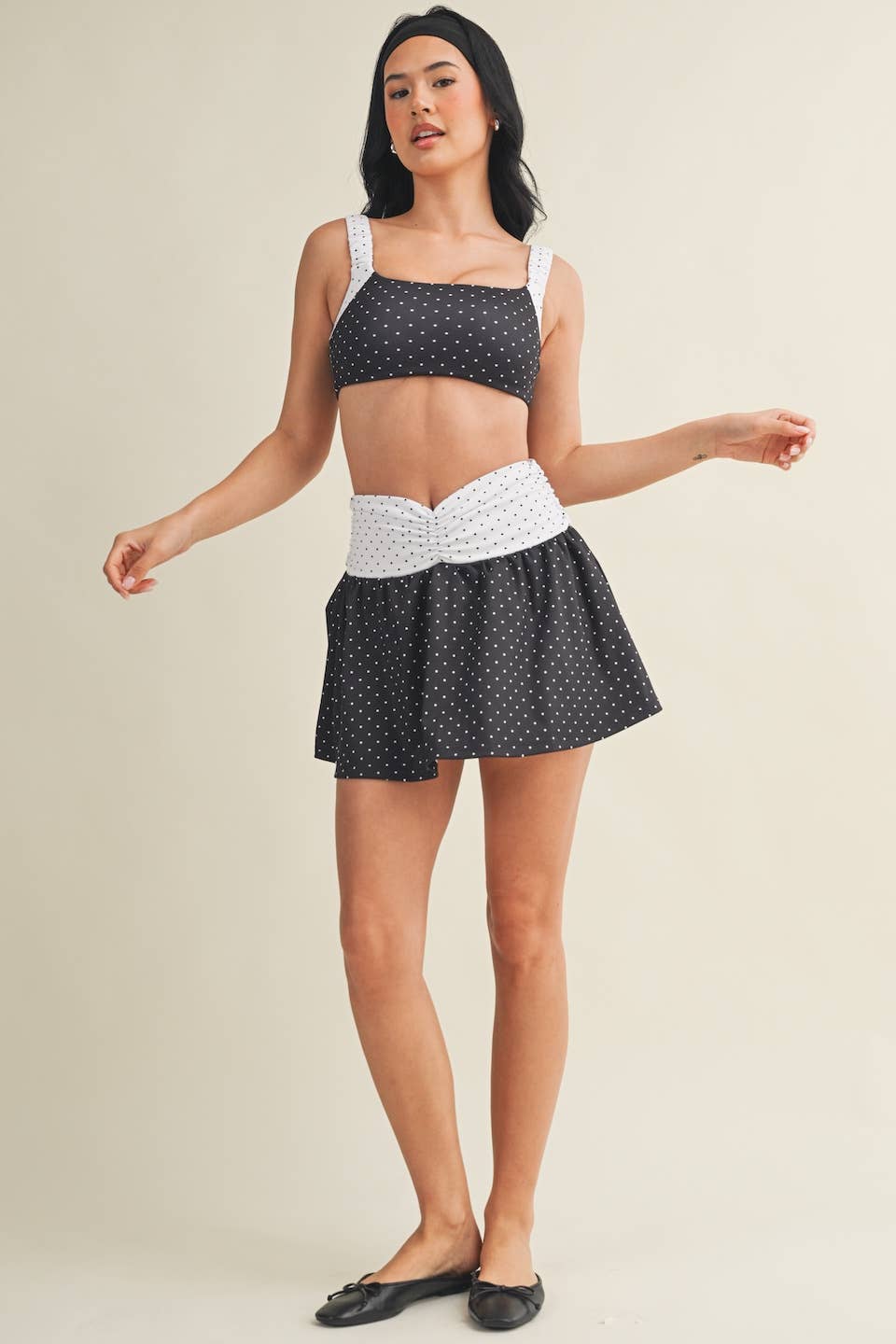 Polka Dot Print Ruched Waistband Mini Skort: Black Polka Dot / L