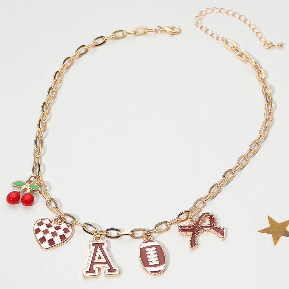 Football Theme Bow Cherry Heart Charm Station Necklace: Blue,Gold,White