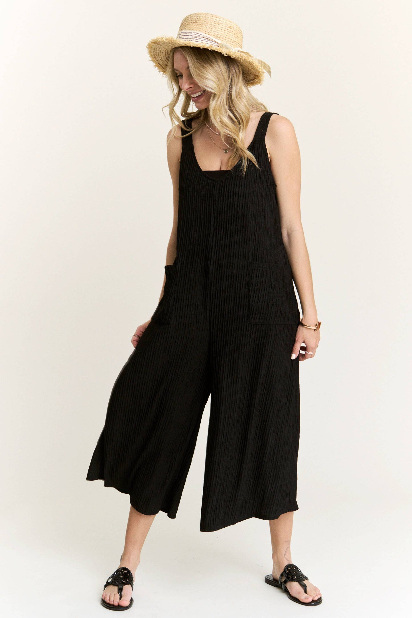 RP4087PL - WIDE LEG CRINKLE JUMPSUIT: TEAL BLUE / L