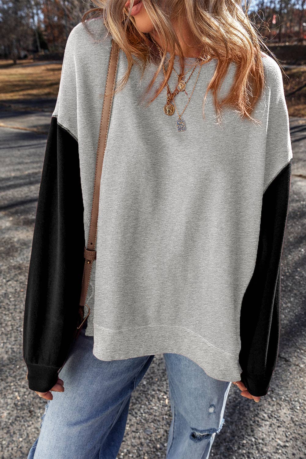 Two Tone Patchwork Drop Shoulder Pullover Sweatshirt: Mineral Red / 50%Polyester+50%Cotton / XL