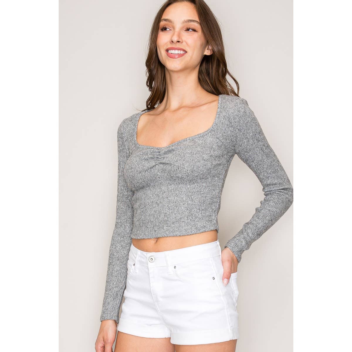 Sweetheart Neck Long Sleeve Sweater Hacci Rib Top: Heather Grey / S-M-L(2-2-2)