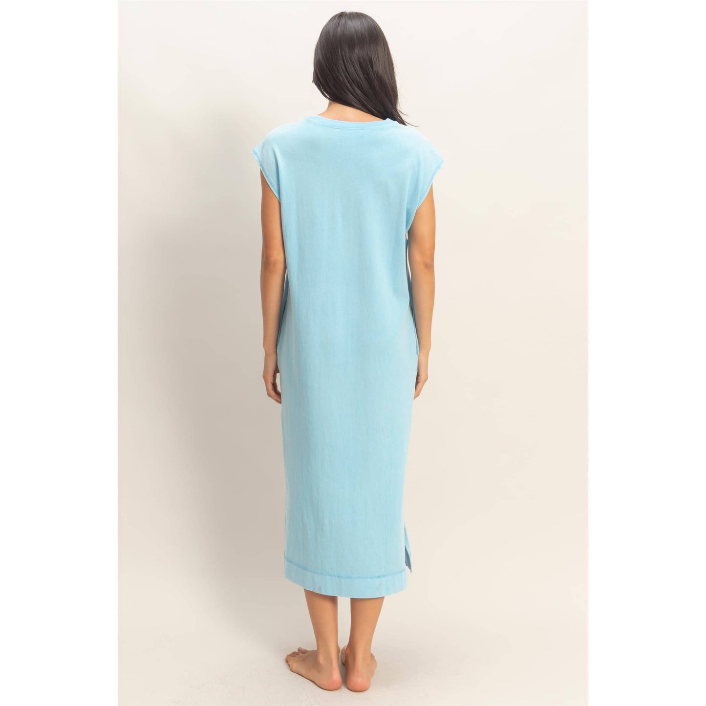 Mineral Wash Cap Sleeve Midi Dress: DARK TEAL / S-M-L(2-2-2)