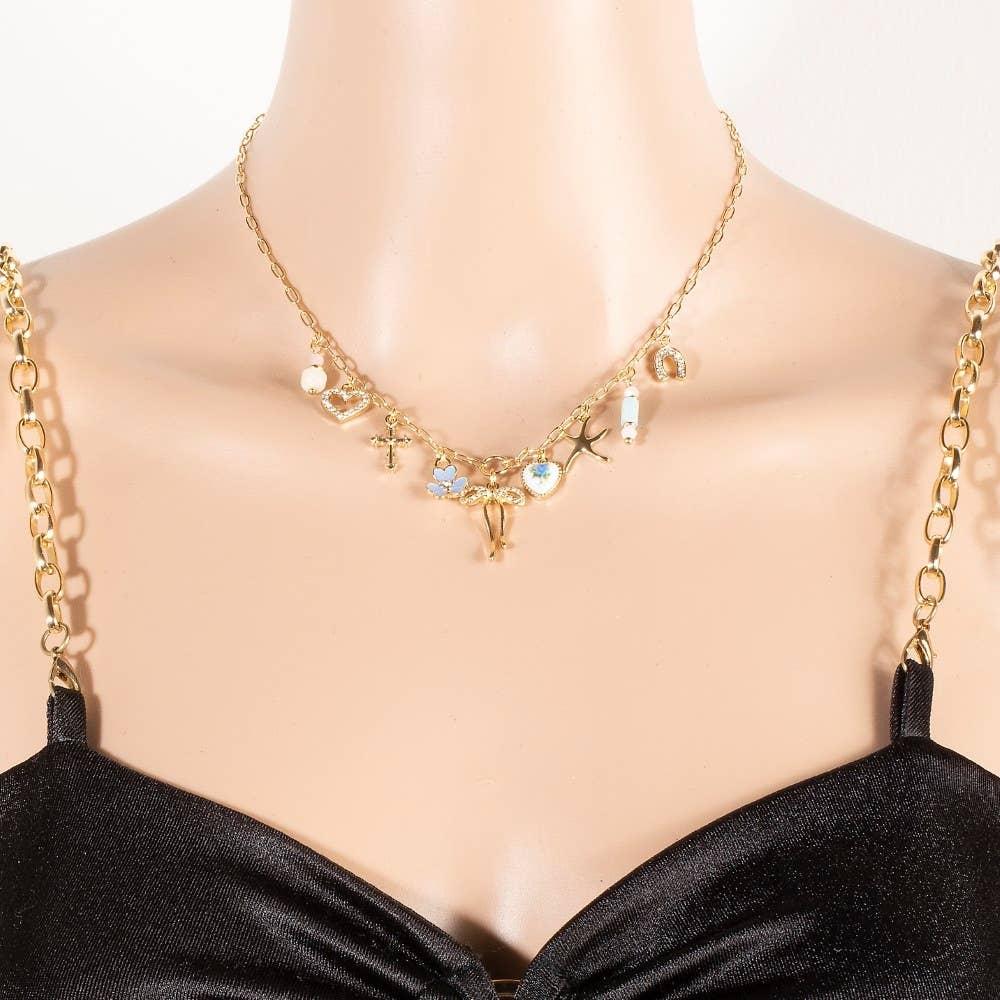 Floral Ceramic Hearts And Bow Mixed Charms Chain Necklace: XG