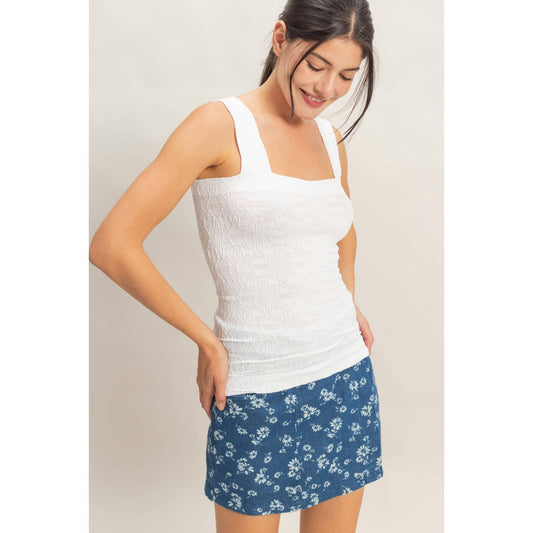 Floral Jacquard Square Neck Top: WHITE / S-M-L(2-2-2)