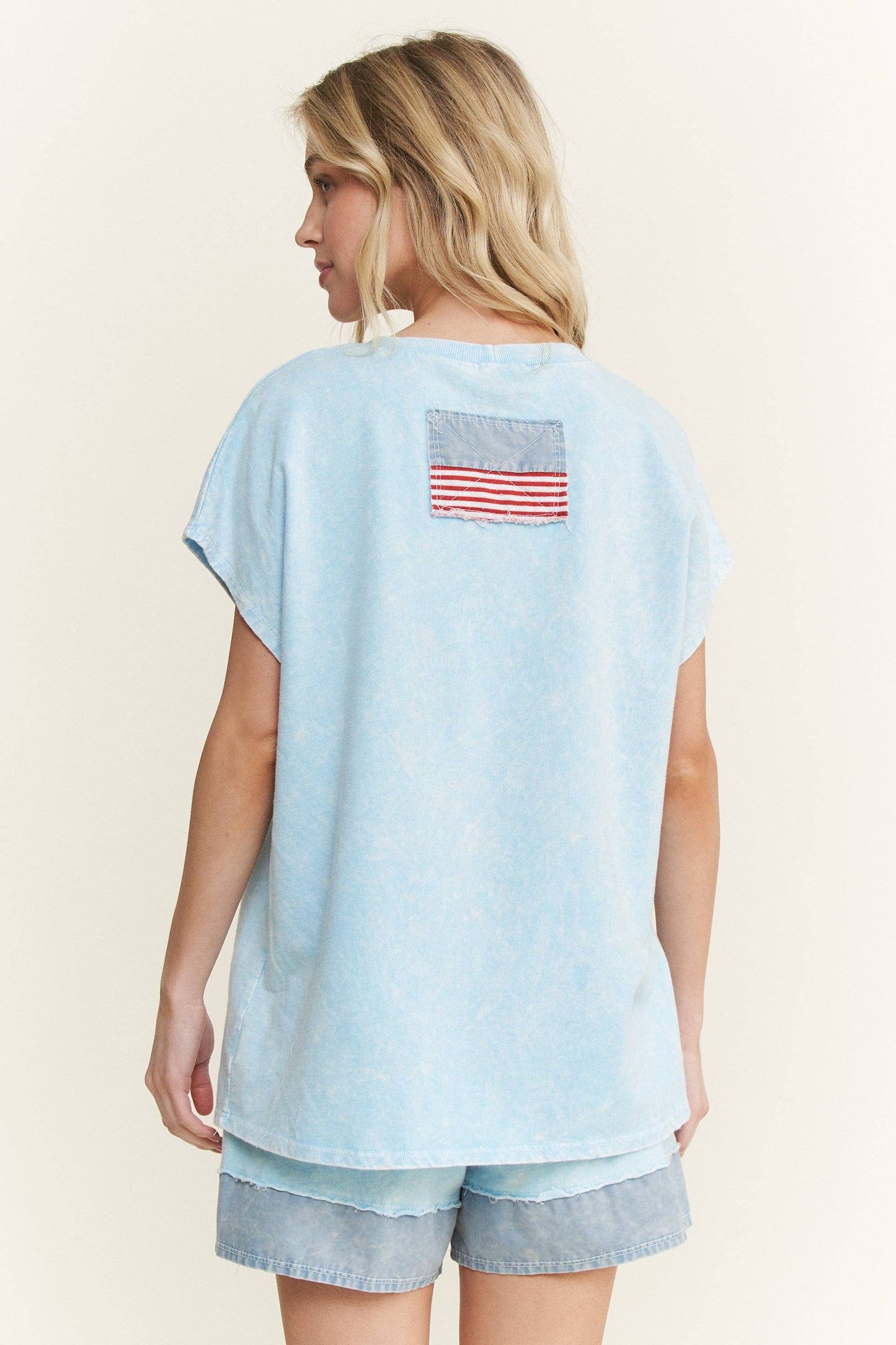 MineralWashed Americana Bow Sleeveless Blouse top HT5647P2.: Cyan