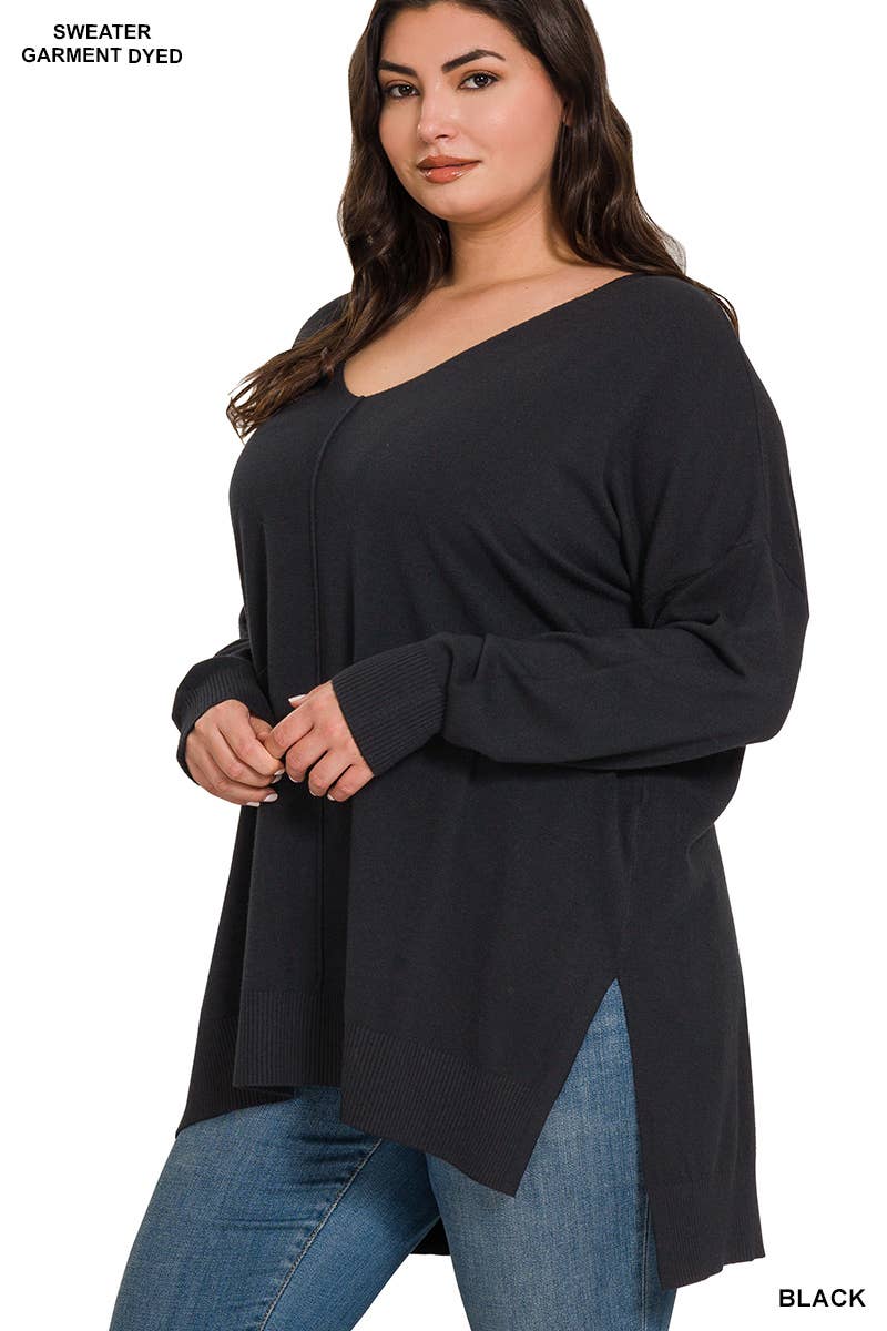Plus Hi-Low Hem V-Neck Center Seam Sweater: H LT NAVY / 3-2 (1XL/2XL-2XL/3XL)