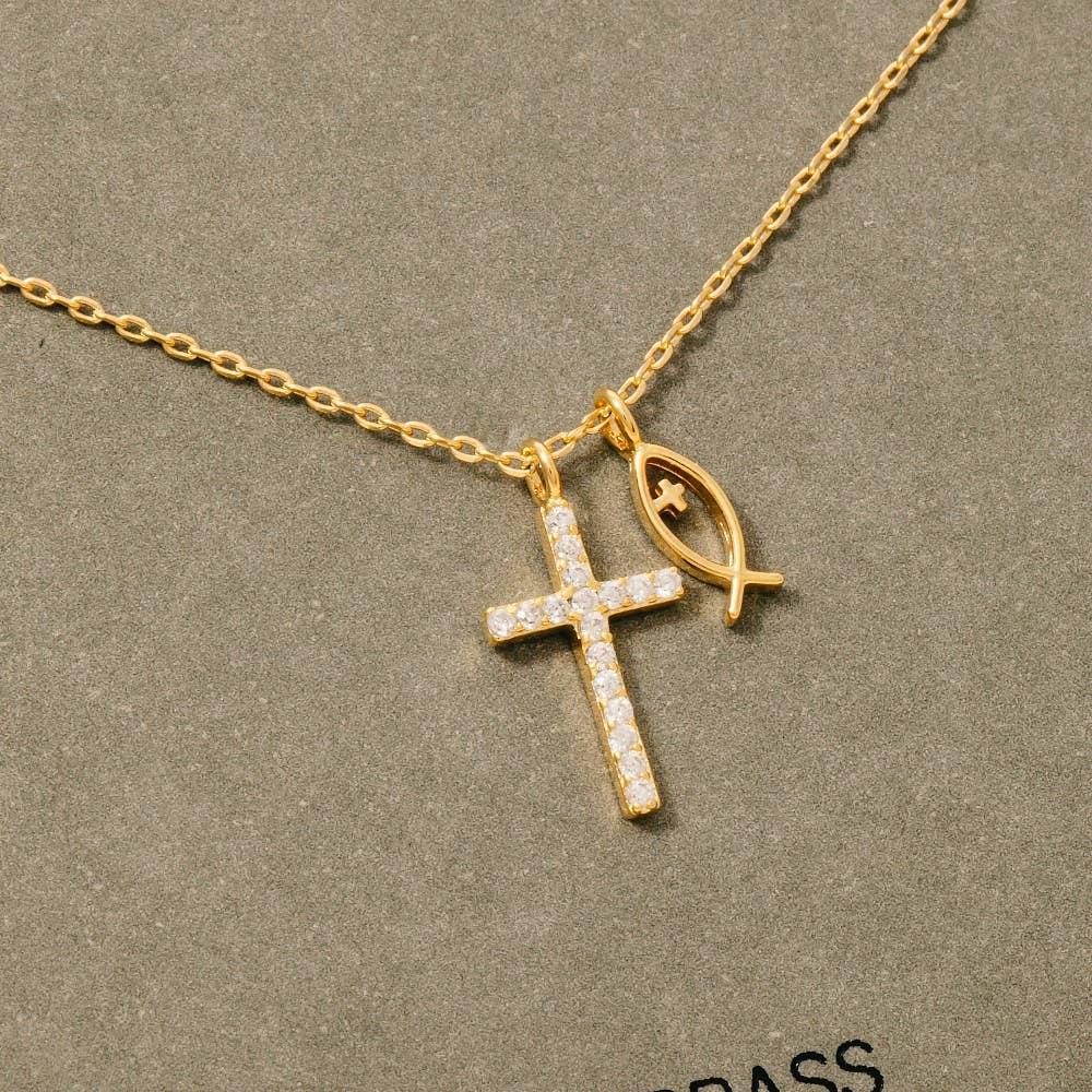 Pave Cross And Fish Charms Chain Necklace: GDCRY