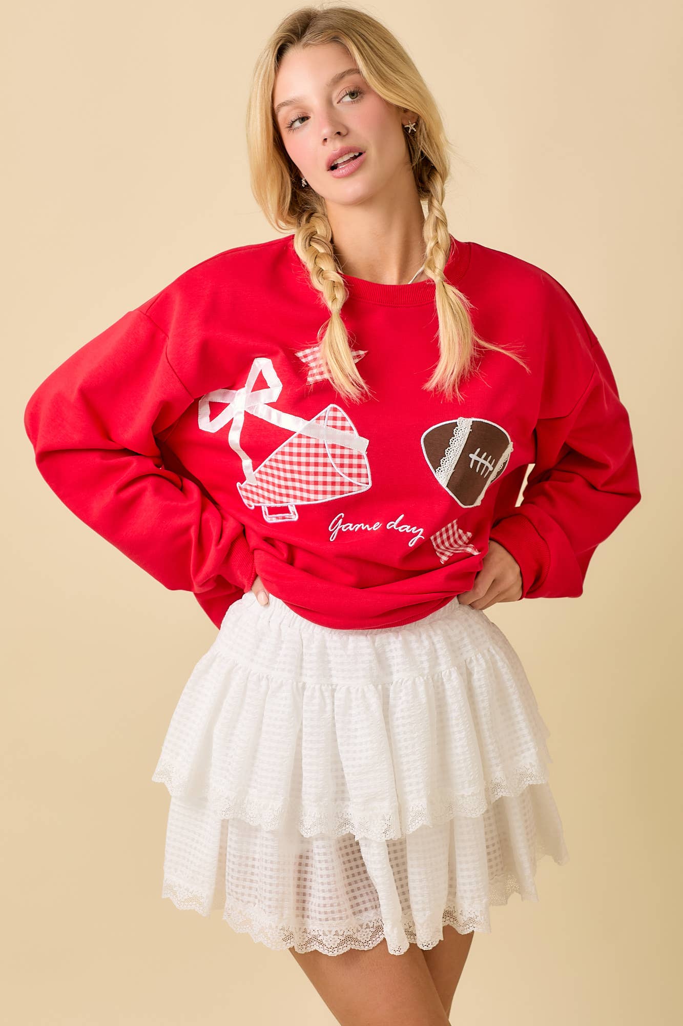 Football Game Day Patchwork Long Sleeve Crewneck Top: BLACK / S