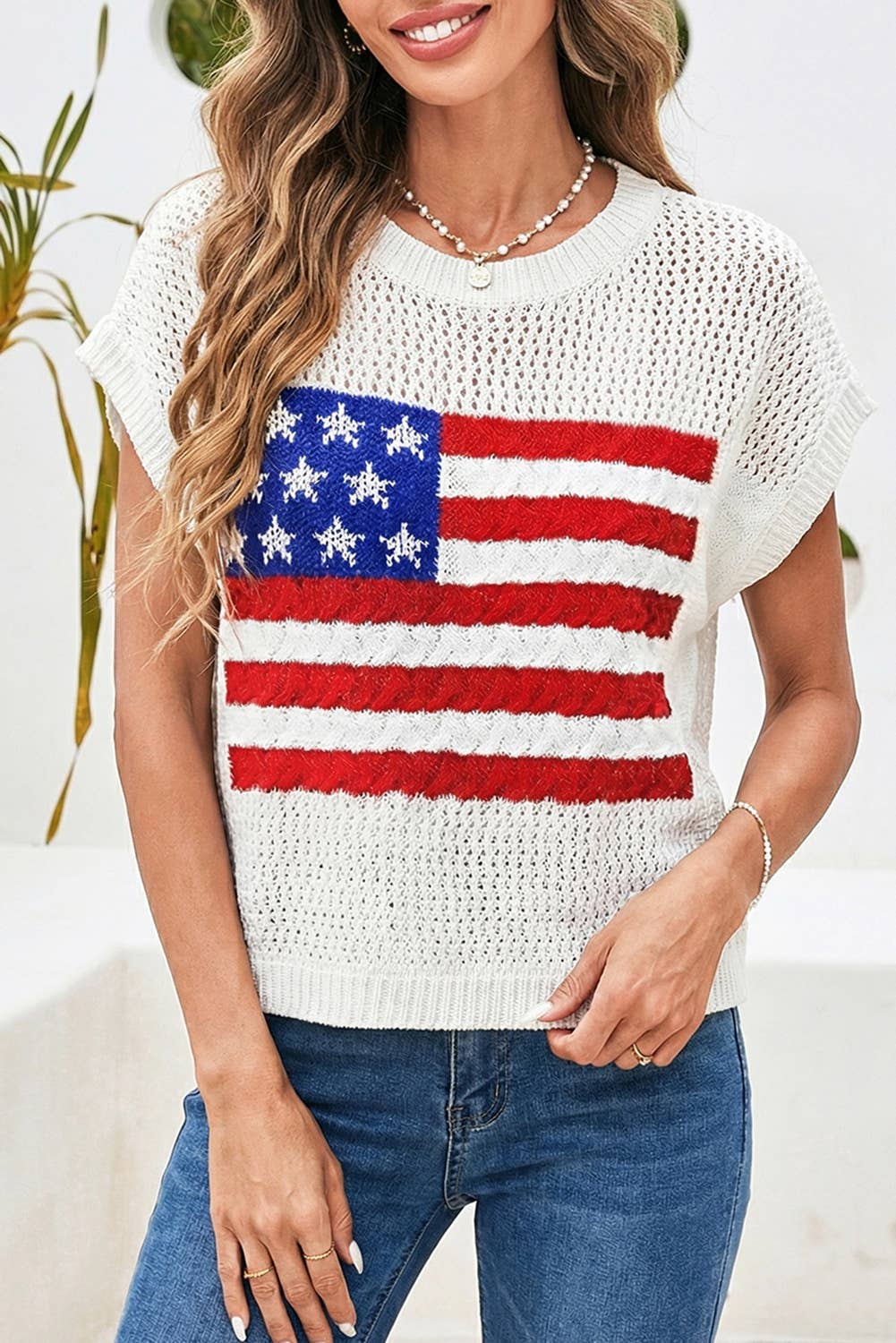 LDC Flag Graphic Short Sleeve Sweater Top: Sky Blue / S