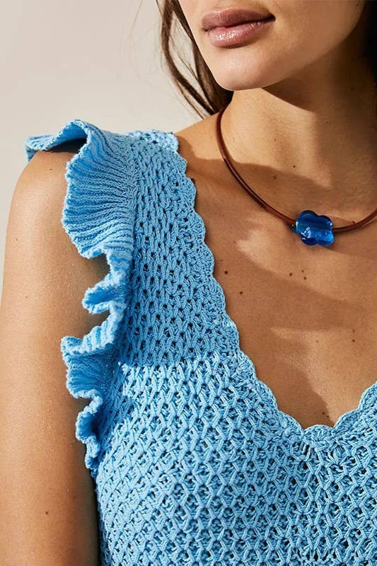 Low cut Ruffle Crochet Knit Beach Cover Up Dress: Blue / S