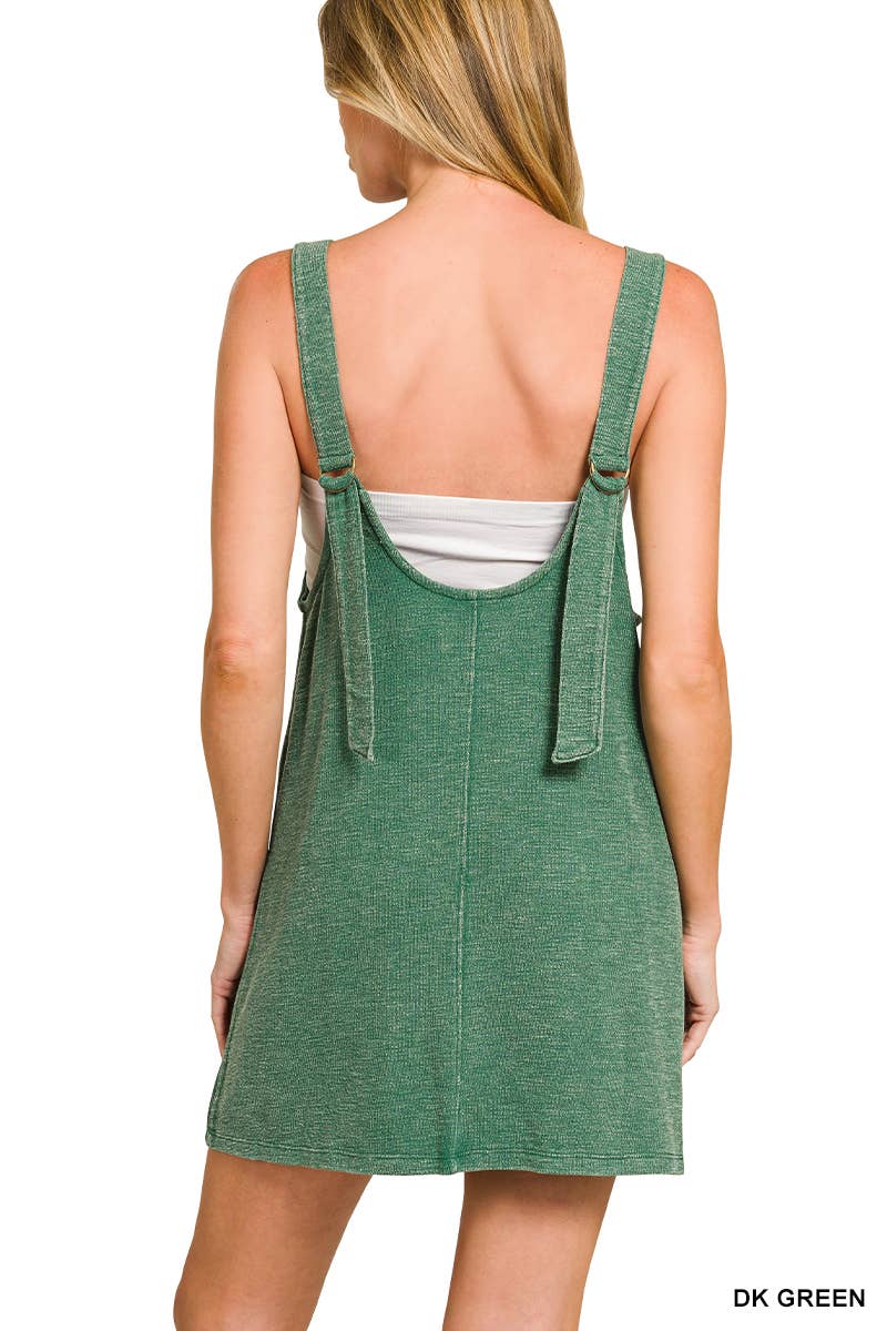 Washed Slub Adjustable Strap Overall Dress: DK GREEN / 2-2-2(S-M-L)