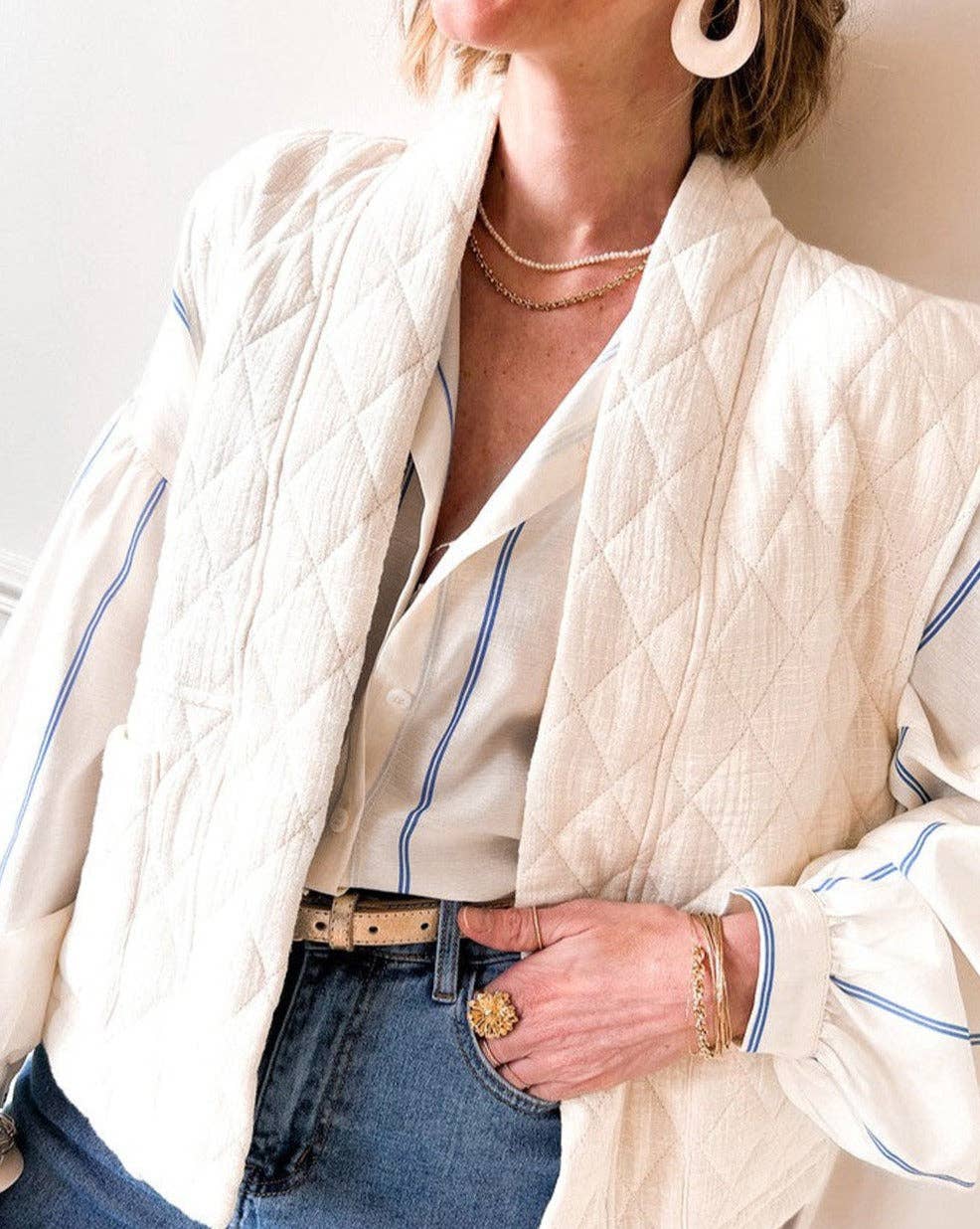 Stripe Bubble Sleeve Buttoned Shirt: Sky Blue Stripe / S