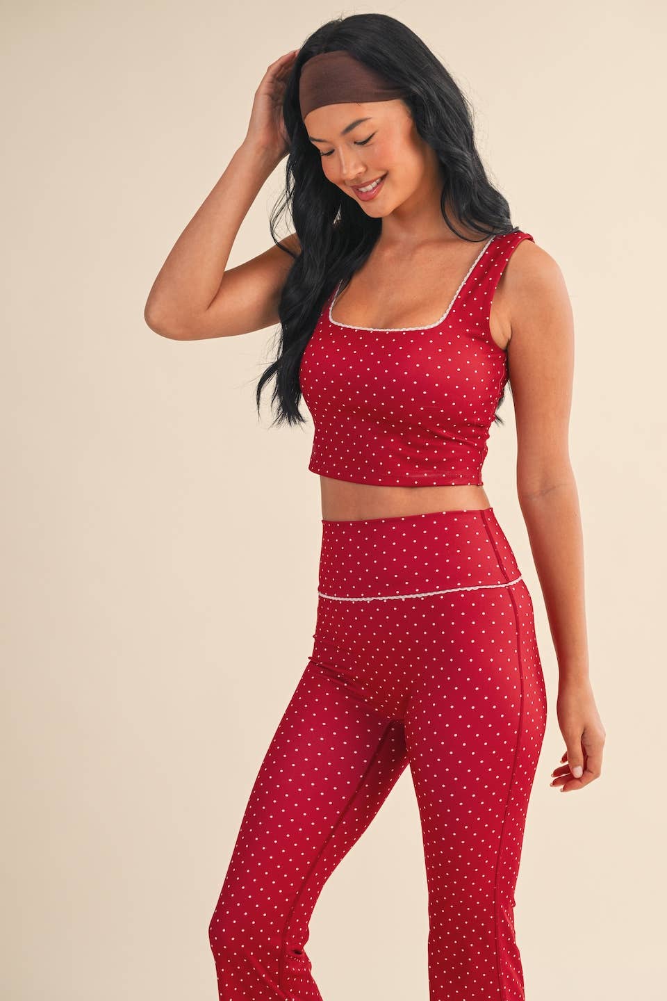 Polka Dot Print Crop Tank with Lace Trim: Black Polka Dot / M