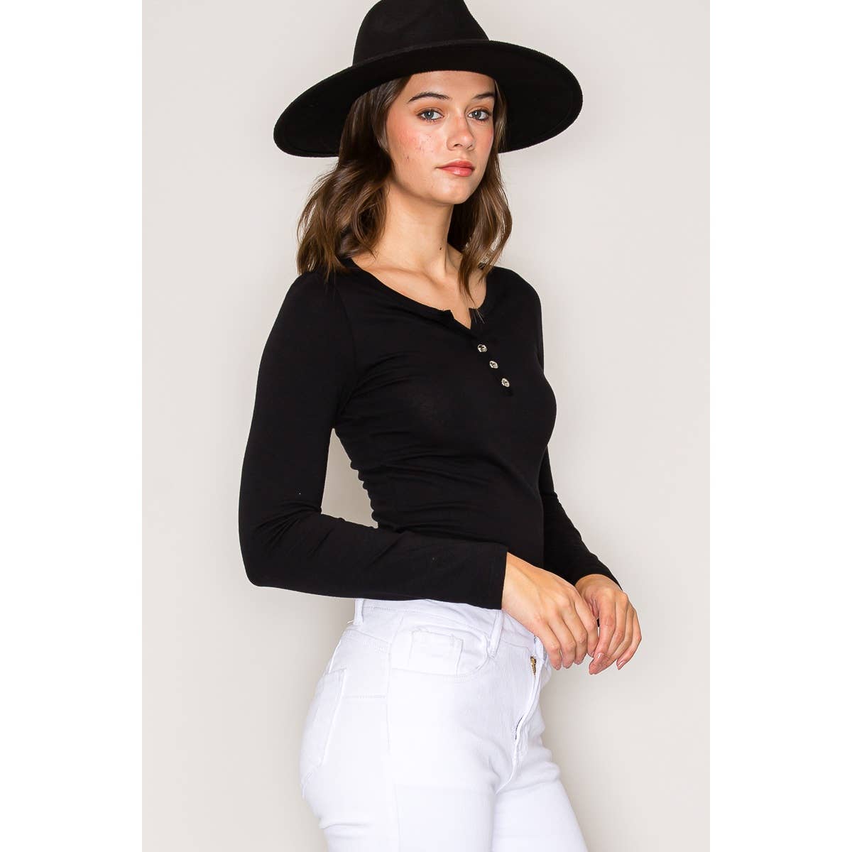 Notch V Neck Button Front Long Sleeve Cotton Top: Chili Oil / S-M-L(2-2-2)