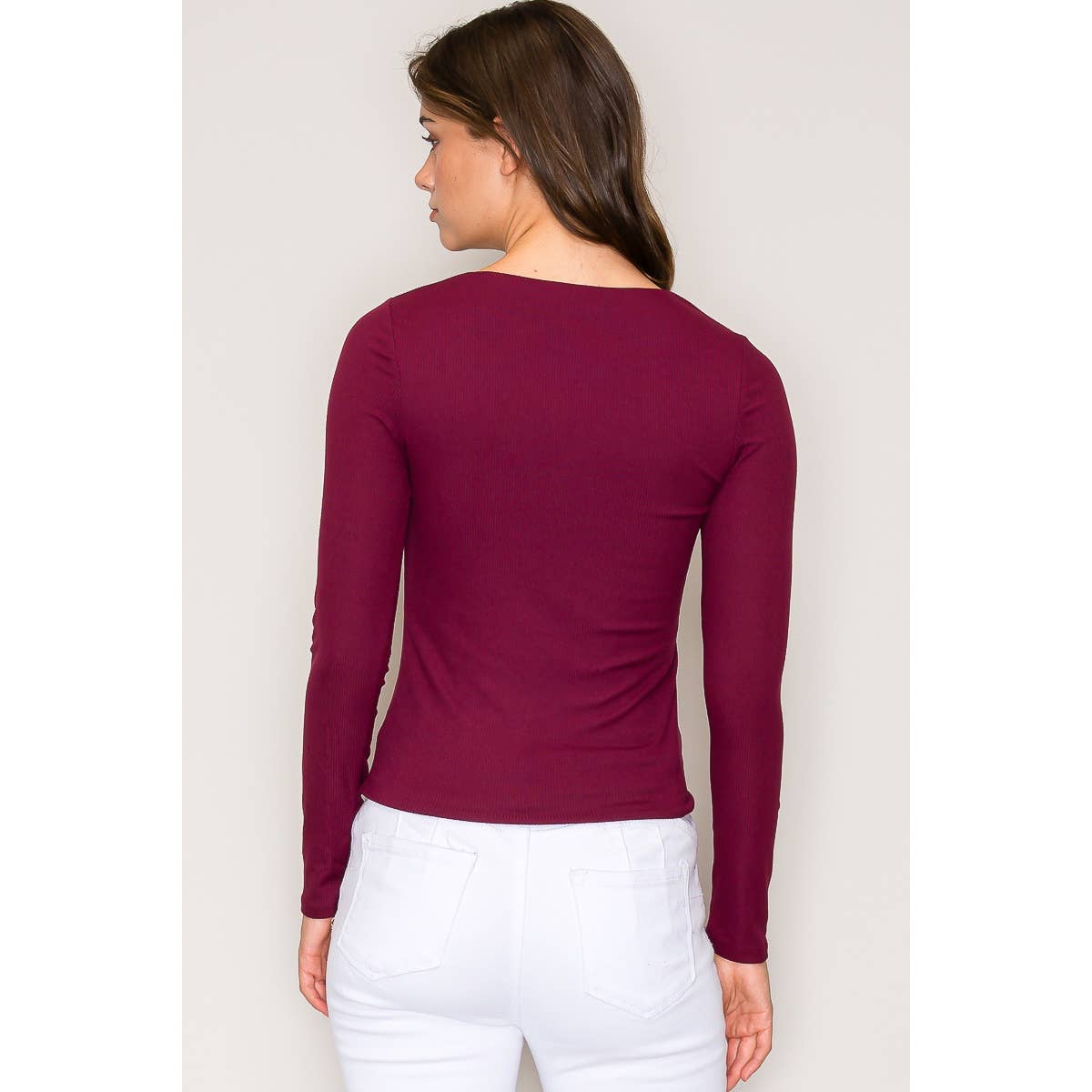 Double Layer Crew Neck Long Sleeve Rib Knit Top: Wine / S-M-L(2-2-2)
