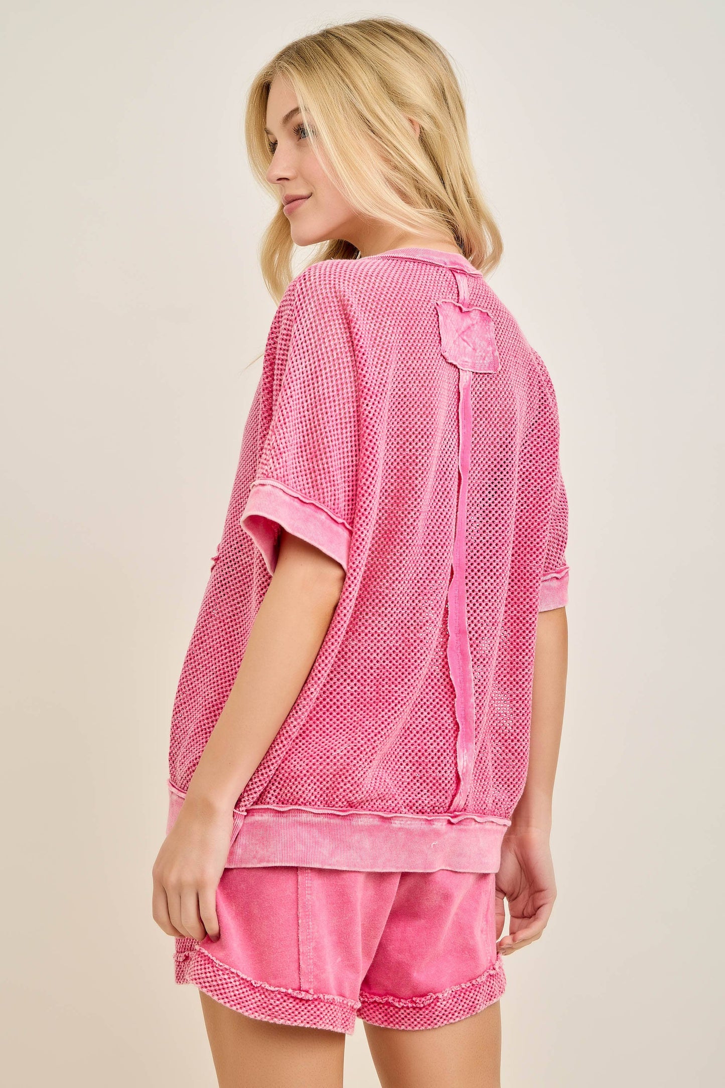 MineralWashed Star patched Mesh Knit Vest top HT6385: Hot Pink / S-M- L / 2-2-2