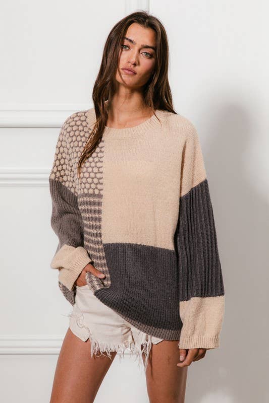 Mixed Pattern Block Sweater: OATMEAL/GREY/DNAVY / 2-2-2-2 (S-M-L-XL)