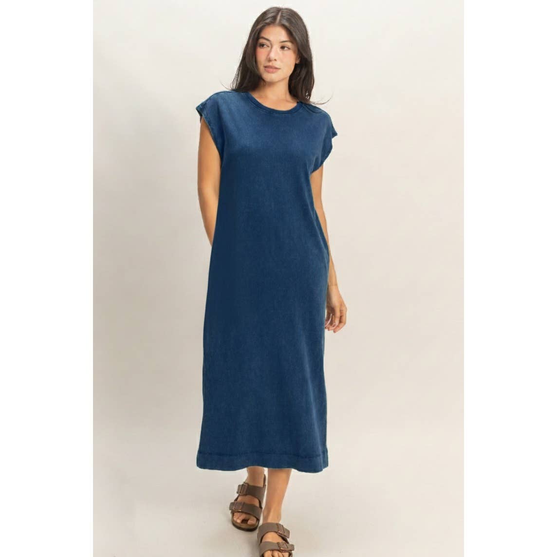 Mineral Wash Cap Sleeve Midi Dress: DARK TEAL / S-M-L(2-2-2)