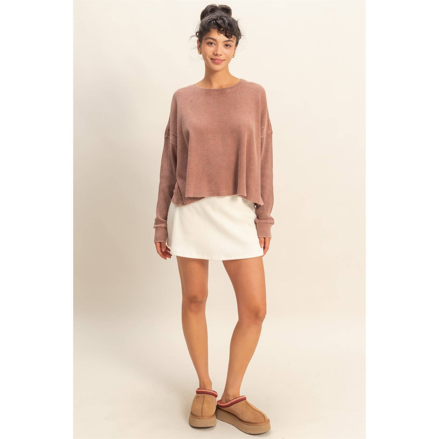 Chic Open Back Textured Knit Long Sleeve Top: CREAM / S-M-L(2-2-2)