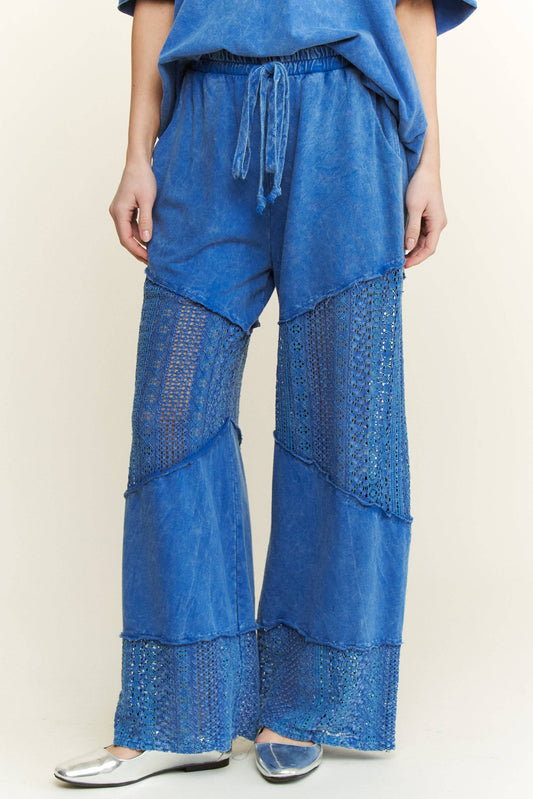 Mineral Washed Lace See through Breezy pants HP6335.: Cobalt / S-M-L / 2-2-2