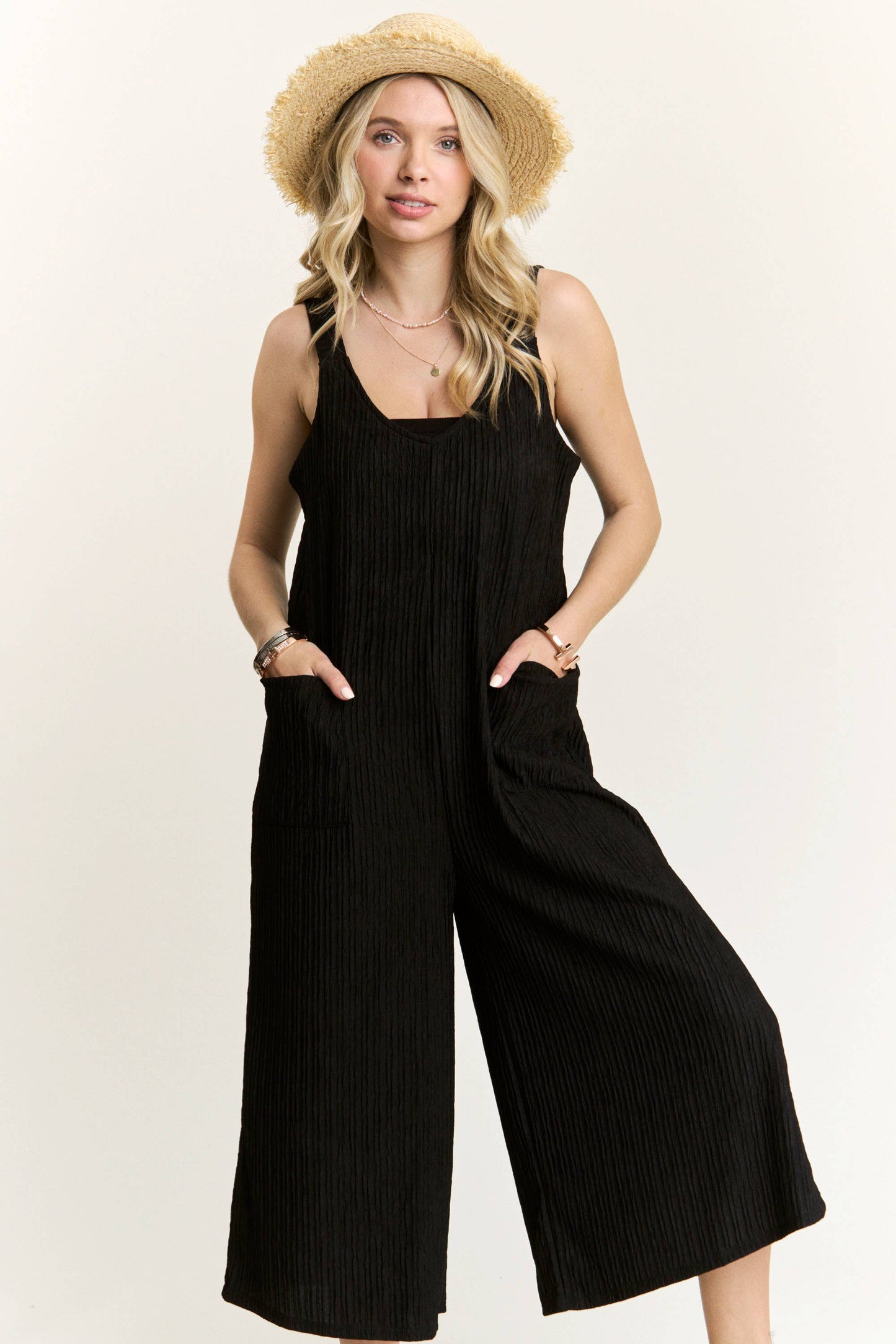 RP4087PL - WIDE LEG CRINKLE JUMPSUIT: TEAL BLUE / L