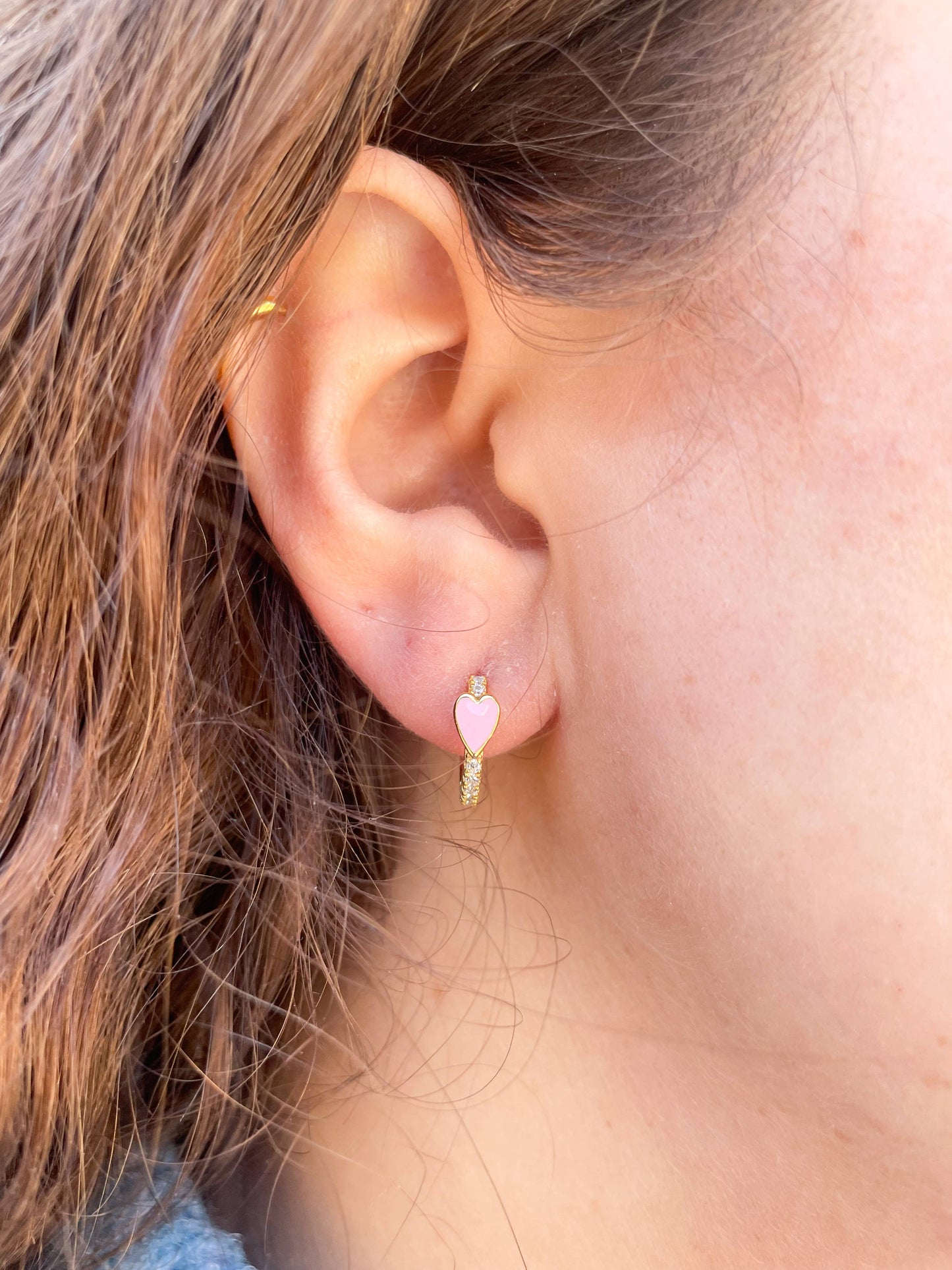 Pave Heart Huggie Earrings: Hot Pink
