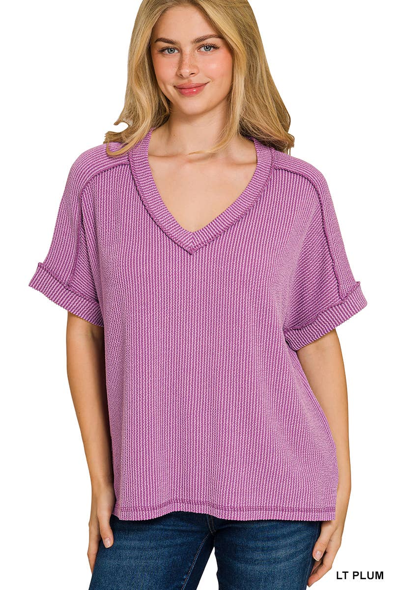 Raised Rib Short Sleeve Hi-low V Neck Top: RUBY / 3-3(S/M-L/XL)