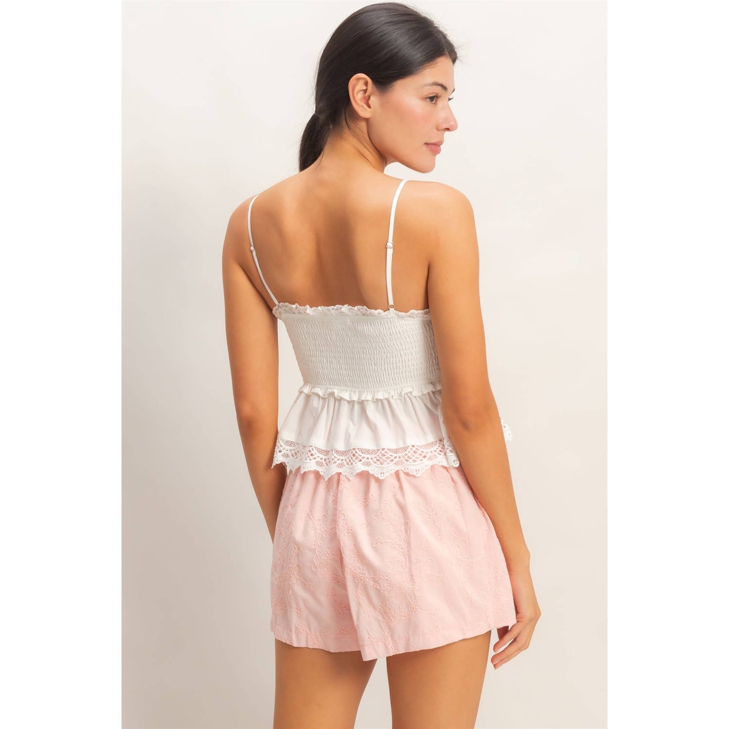 Smocked Peplum Top With Lace Trim: YELLOW / S-M-L(2-2-2)
