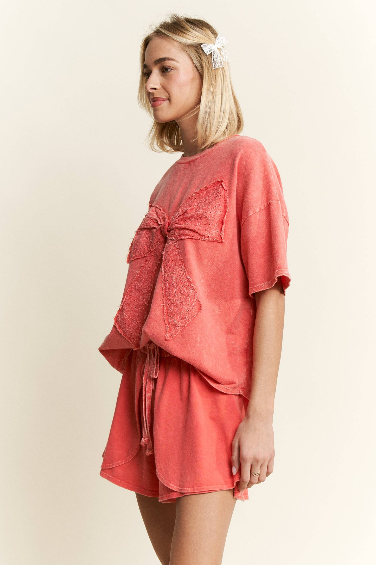 MineralWash Ribbon bow half sleeve shirt HT6308: Silver Grey / S-M-L / 2-2-2