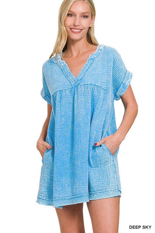 Washed Double Gauze Raw Edge V-neck Dress: DEEP SKY / 2-2-2(S-M-L)