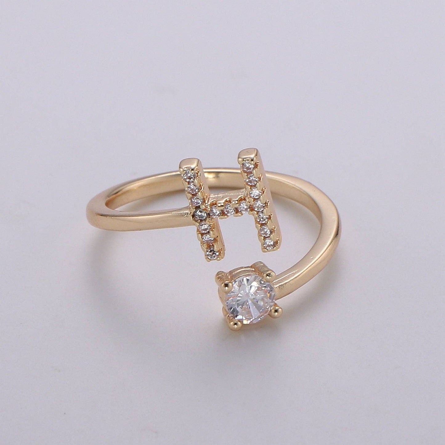 Adjustable Gold Initial Ring With CZ R370~R395: E