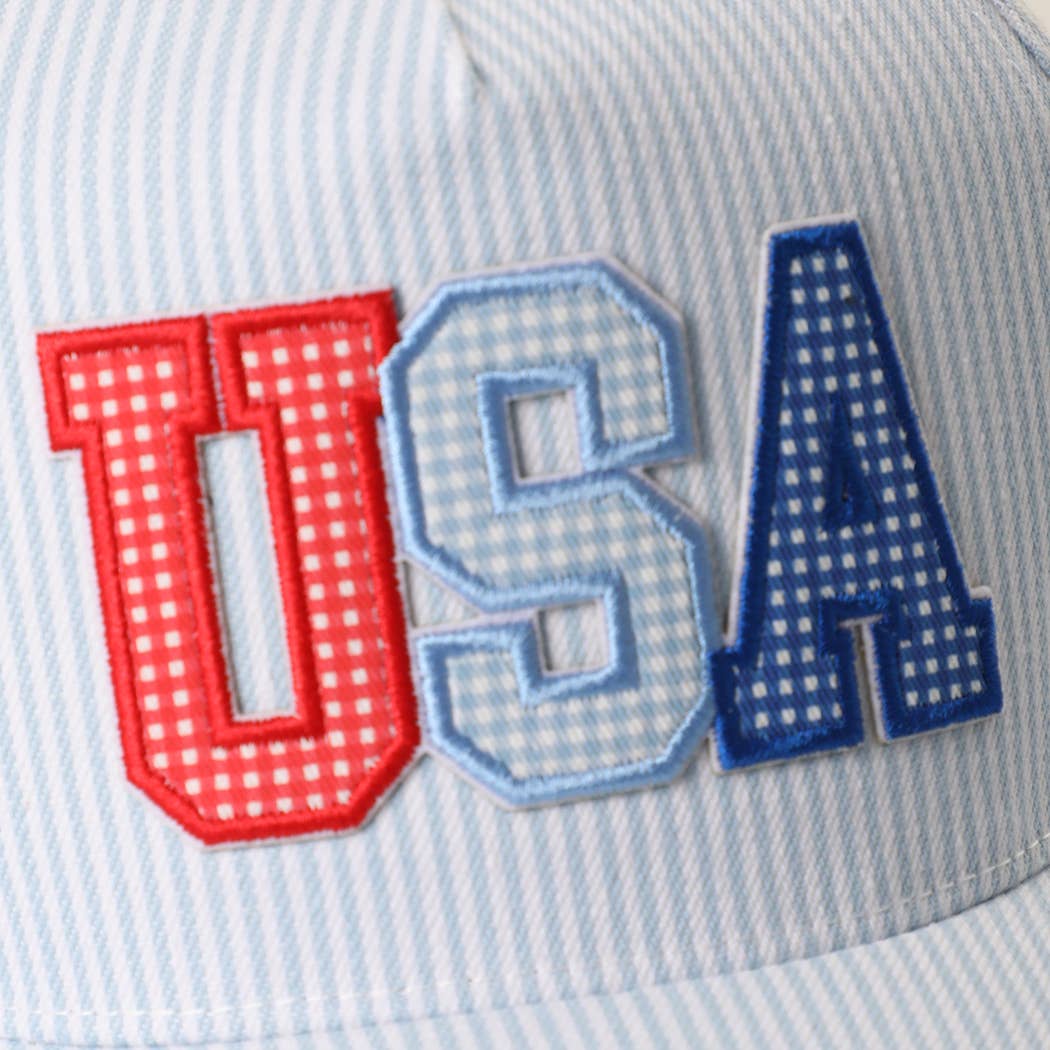 USA Embroidered Patch Varsity-Style Stripe Trucker Hat 
: PINK