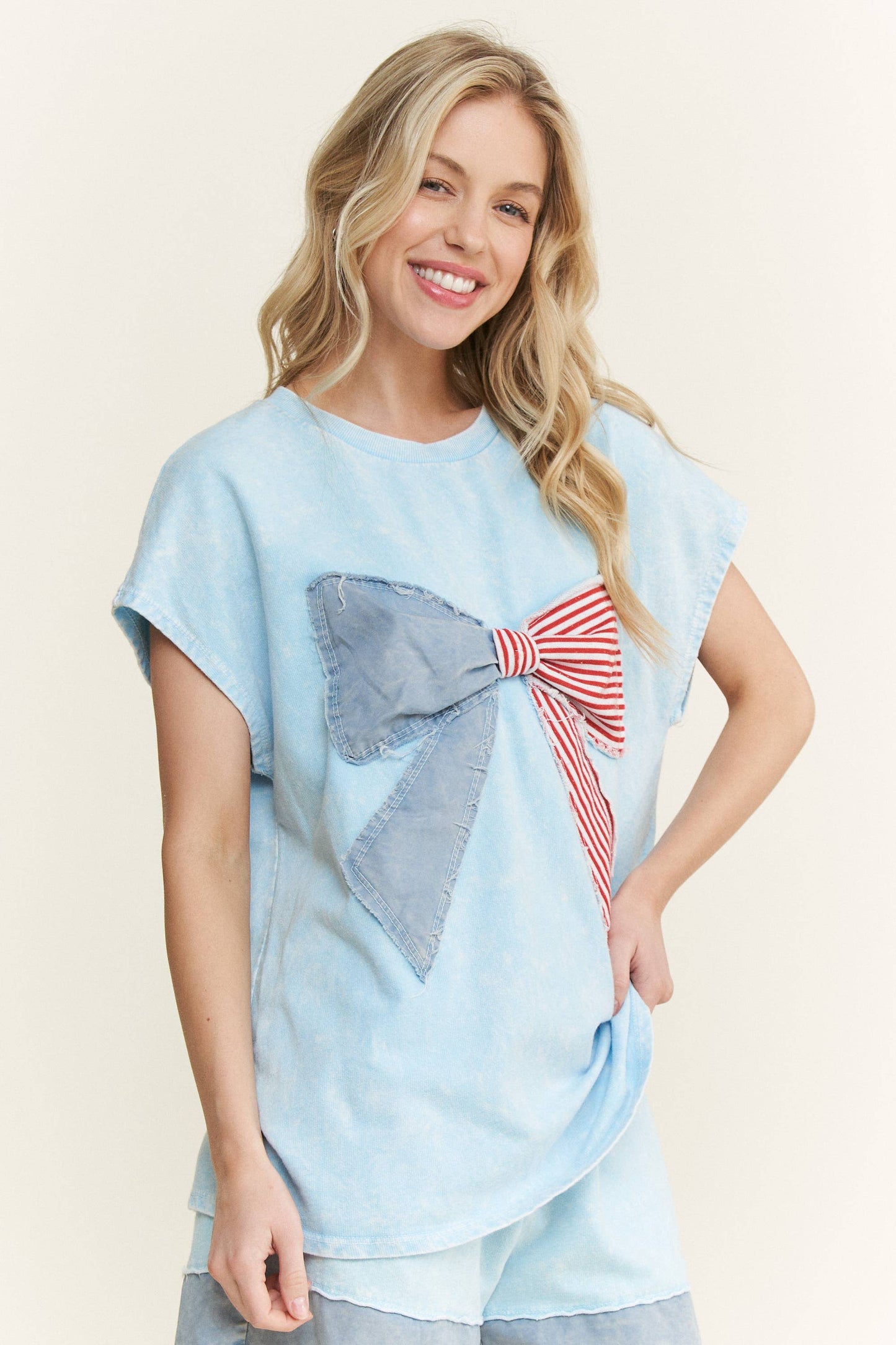 MineralWashed Americana Bow Sleeveless Blouse top HT5647P2.: Cyan