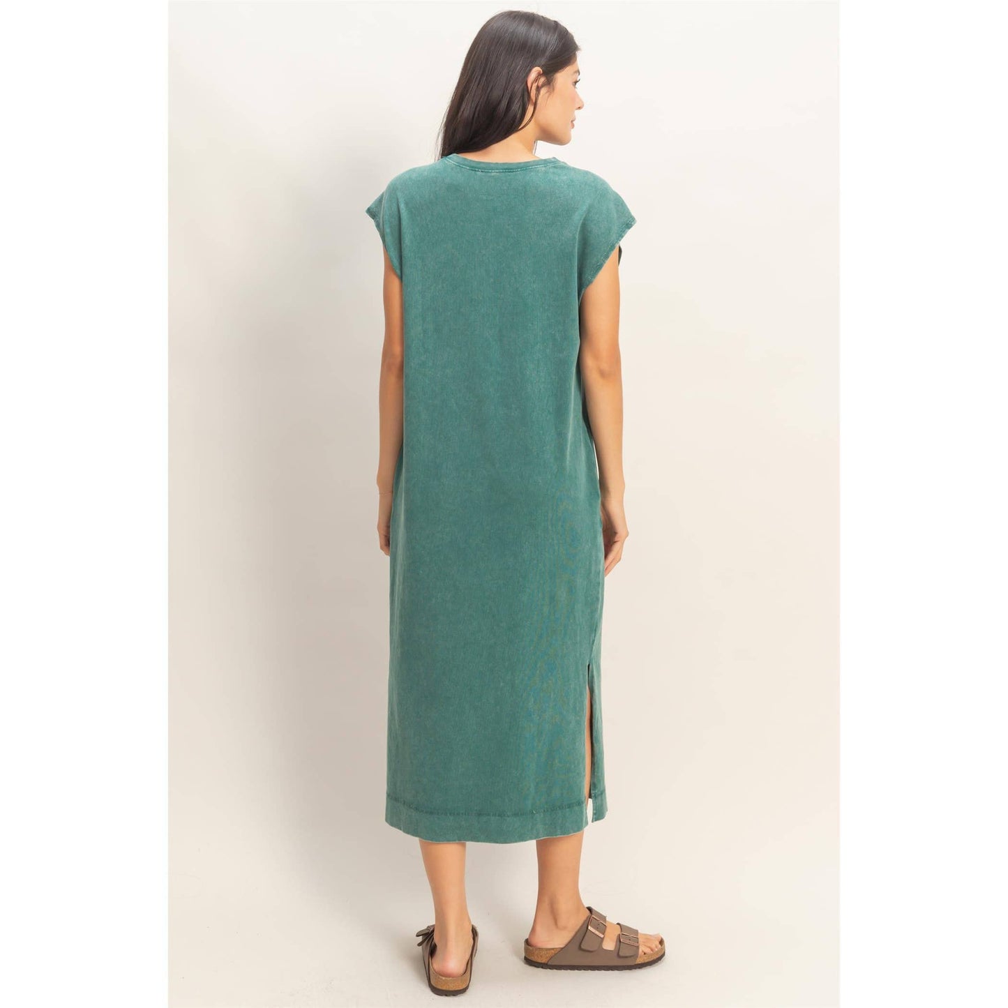 Mineral Wash Cap Sleeve Midi Dress: DARK TEAL / S-M-L(2-2-2)