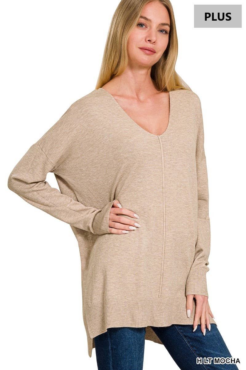 Plus Hi-Low Hem V-Neck Center Seam Sweater: H LT NAVY / 3-2 (1XL/2XL-2XL/3XL)