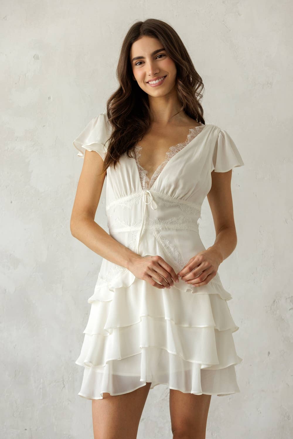 JD7934B- LACE TRIM TIERED MINI DRESS: IVORY / M