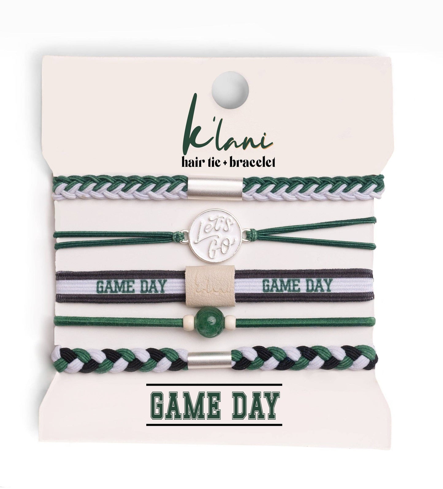 "Game Day" Green, White & Black Hair Tie Bracelets: Medium