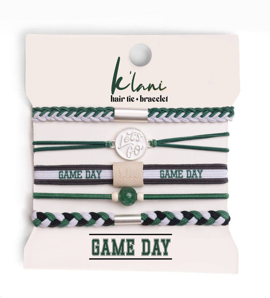 "Game Day" Green, White & Black Hair Tie Bracelets: Medium