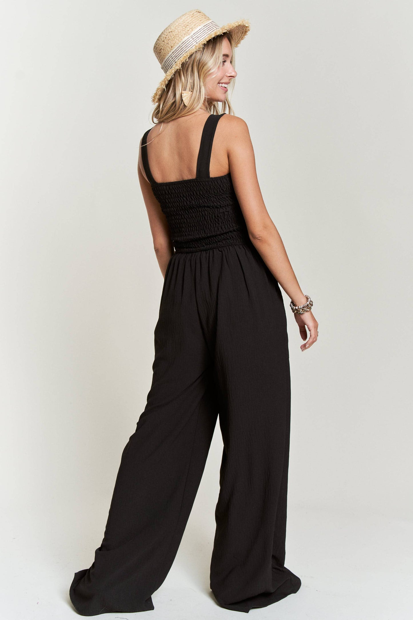 LJP16140 - SMOCKING TOP WIDE LEG JUMPSUIT: MIDNIGHT BLUE / L