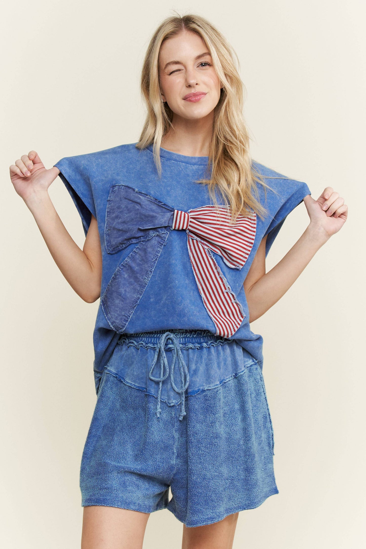 MineralWashed Americana Bow Sleeveless Blouse top HT5647P2.: Cyan
