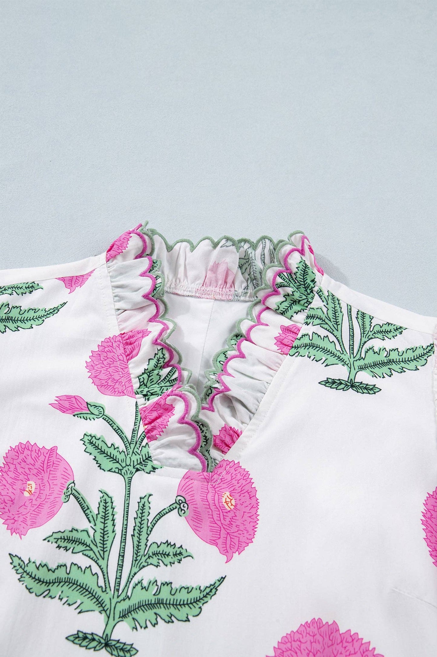 Wild Floral Print Scalloped Embroidery Trim V Neck Drop Waist Mini Dress: White / 50%Viscose+50%Cotton / M