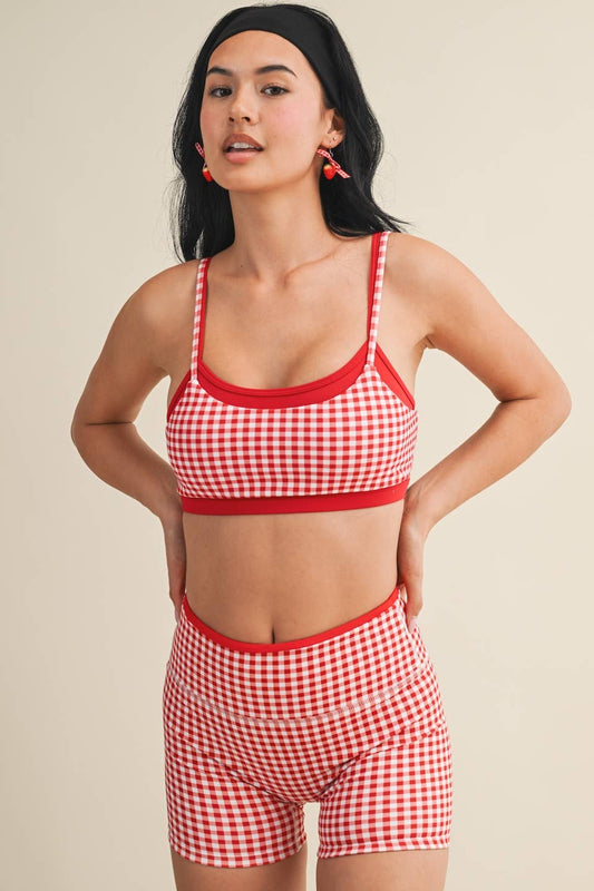Gingham Print Double Layered Sports Bra: Red Gingham / S
