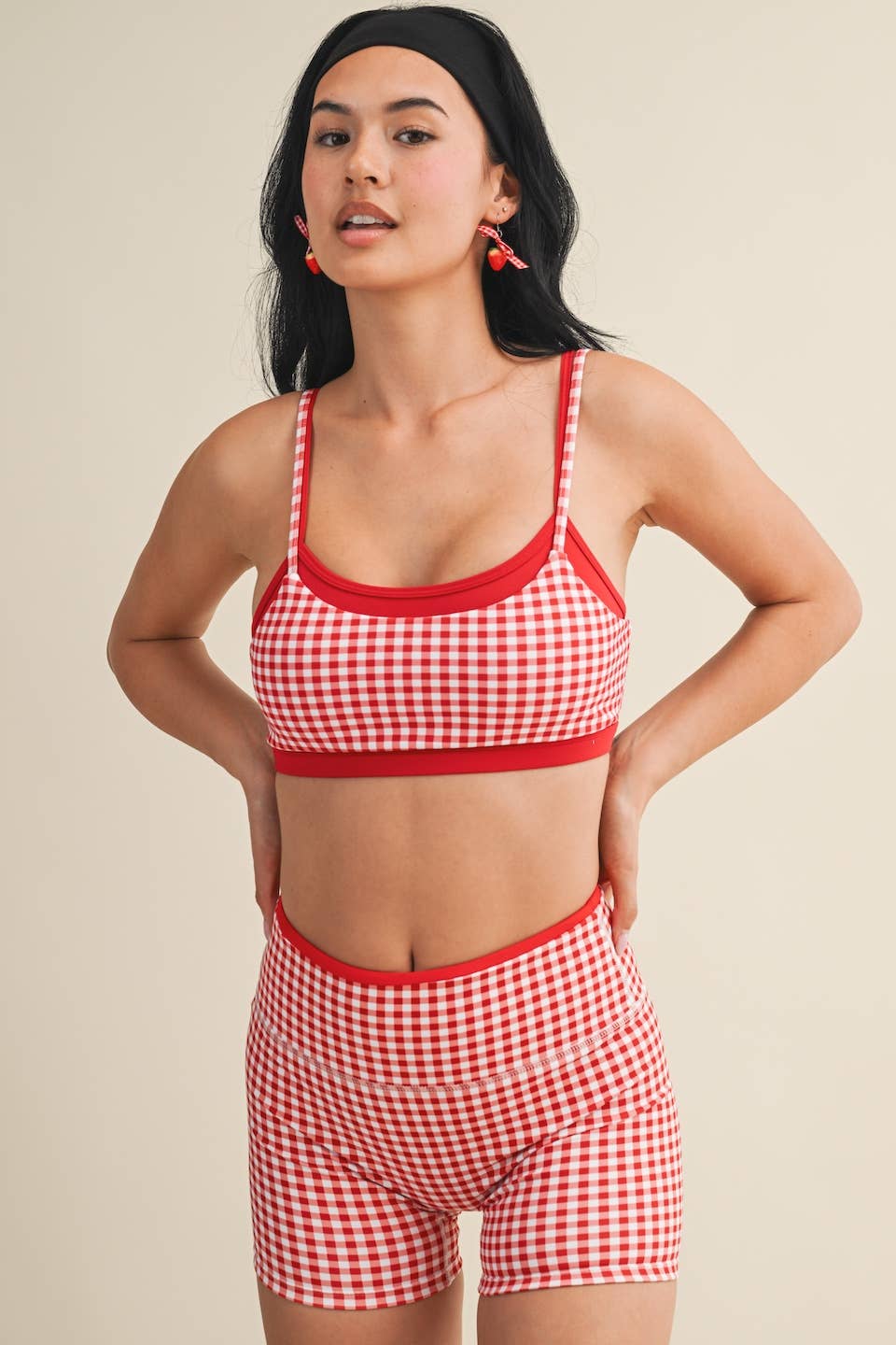 Gingham Print Double Layered Sports Bra: Red Gingham / M