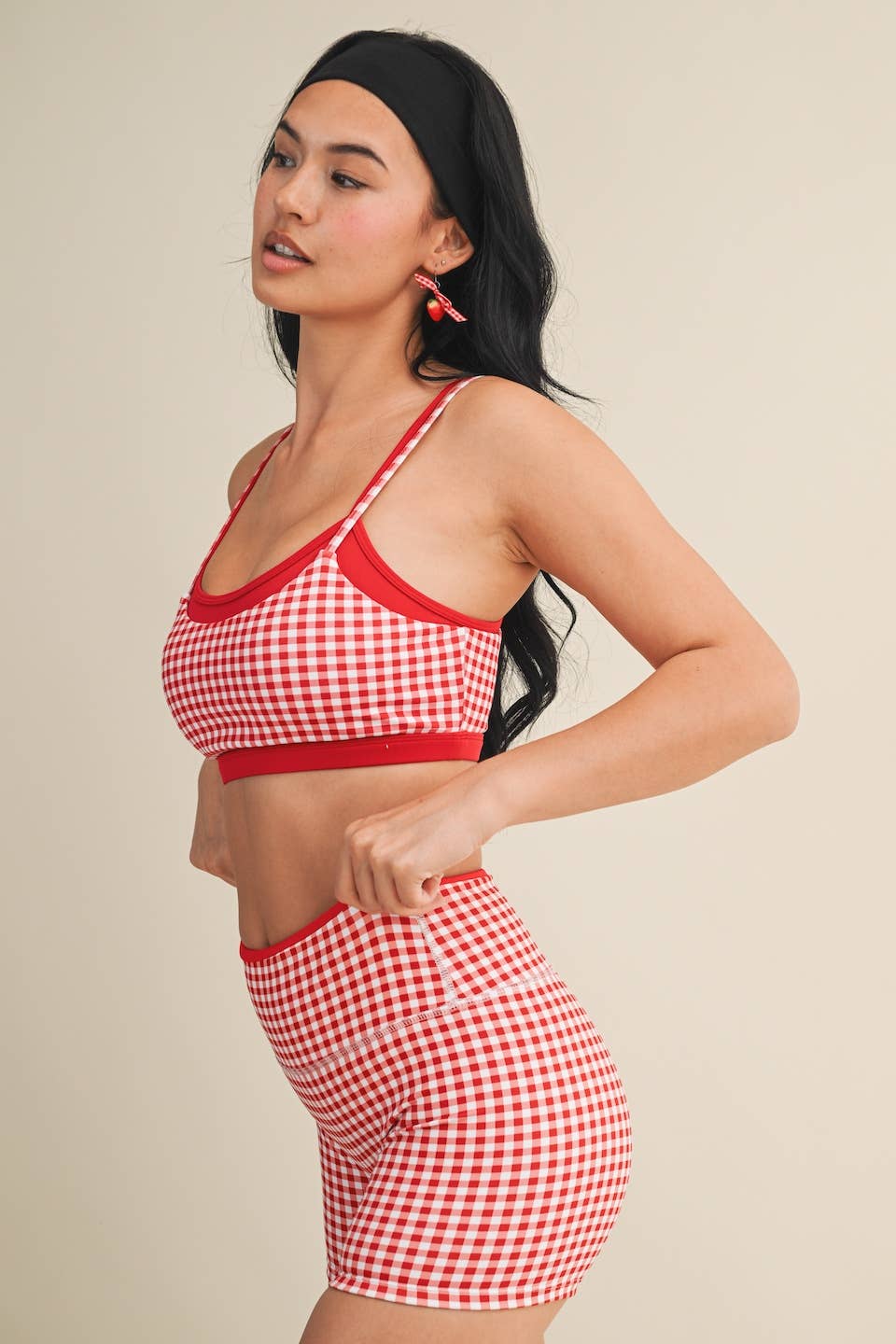 Gingham Print Double Layered Sports Bra: Red Gingham / S