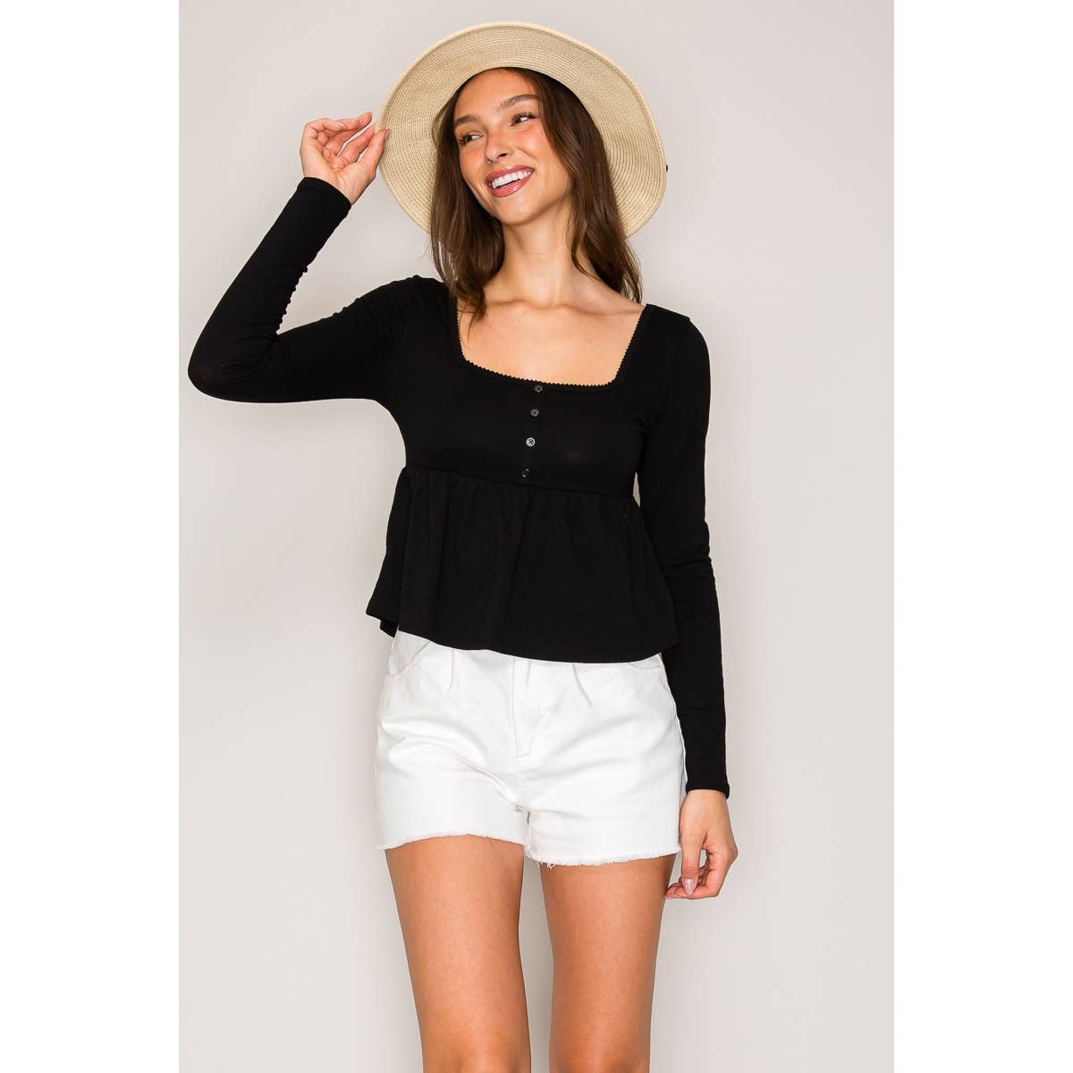 Long Sleeve Babydoll Top: Hot Fudge / S-M-L(2-2-2)