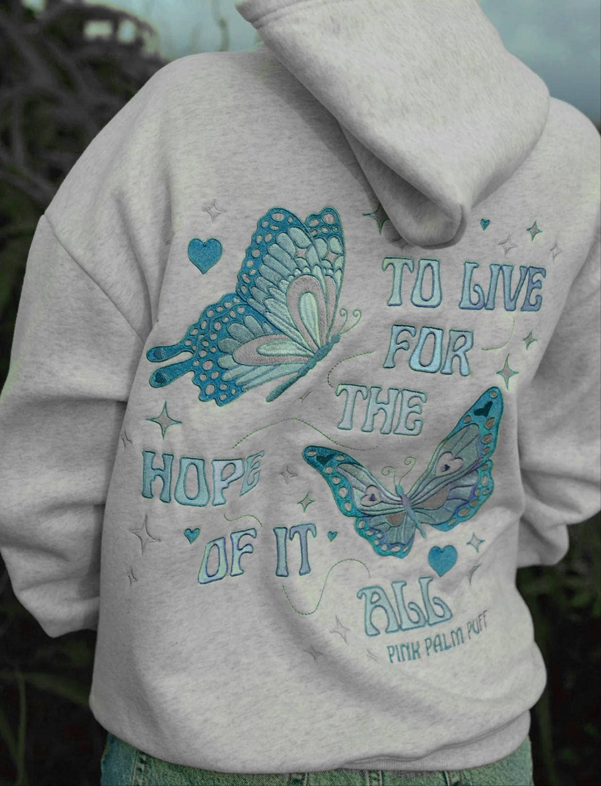 Butterfly Inspired Embroidered fleece oversized Hoodie: Purple / L